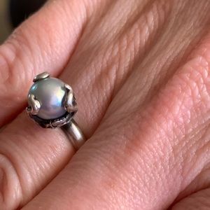 Natural black pearl ring in brutalist set